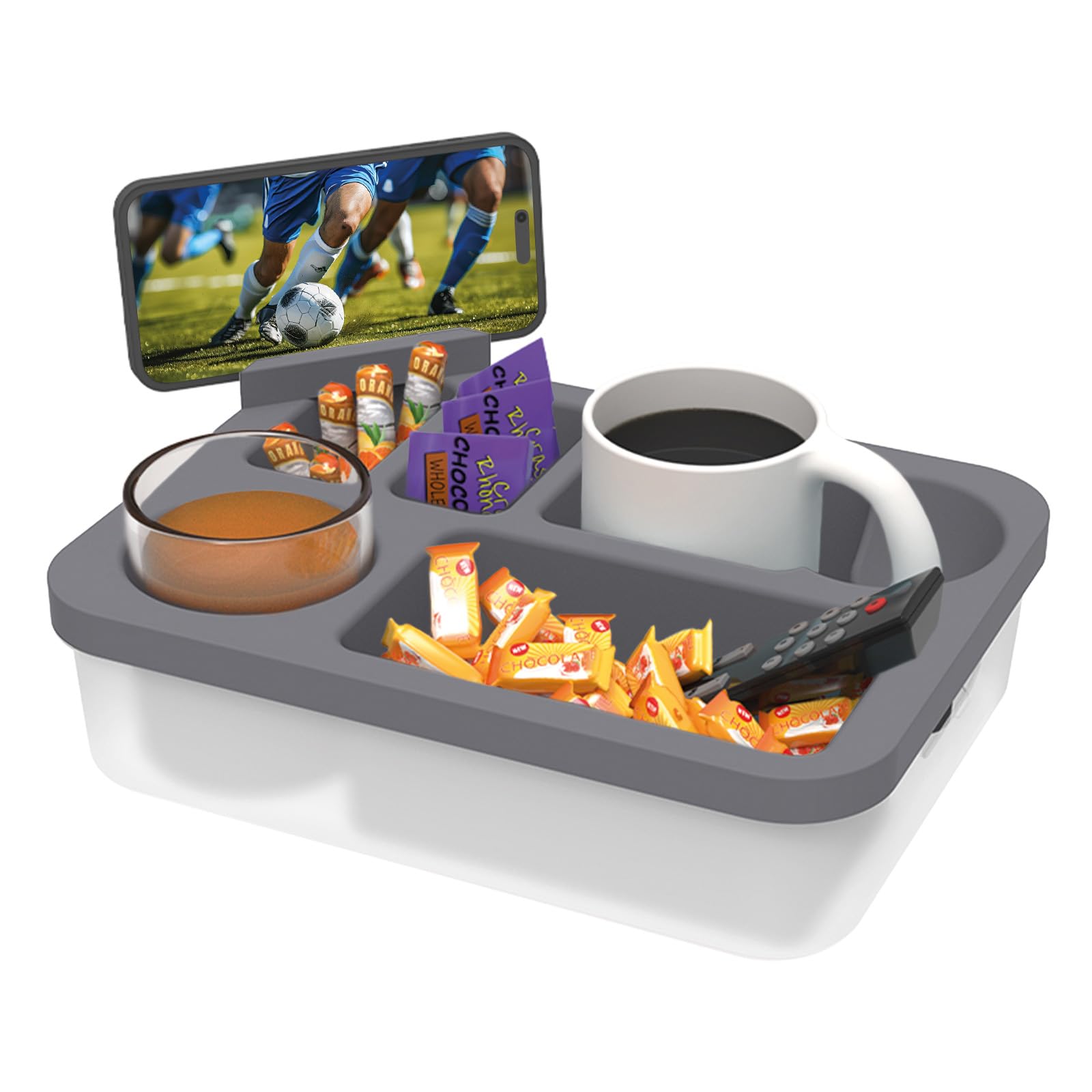 Rotatable Couch Cup Holder Tray with Phone Stand - Multi-Functional Sofa Caddy for Drinks, Snacks & Remote Control - Waterproof Bedside Table Organizer (Grey) | Perfect for Living Room, Bedroom, Car & Outdoor Use