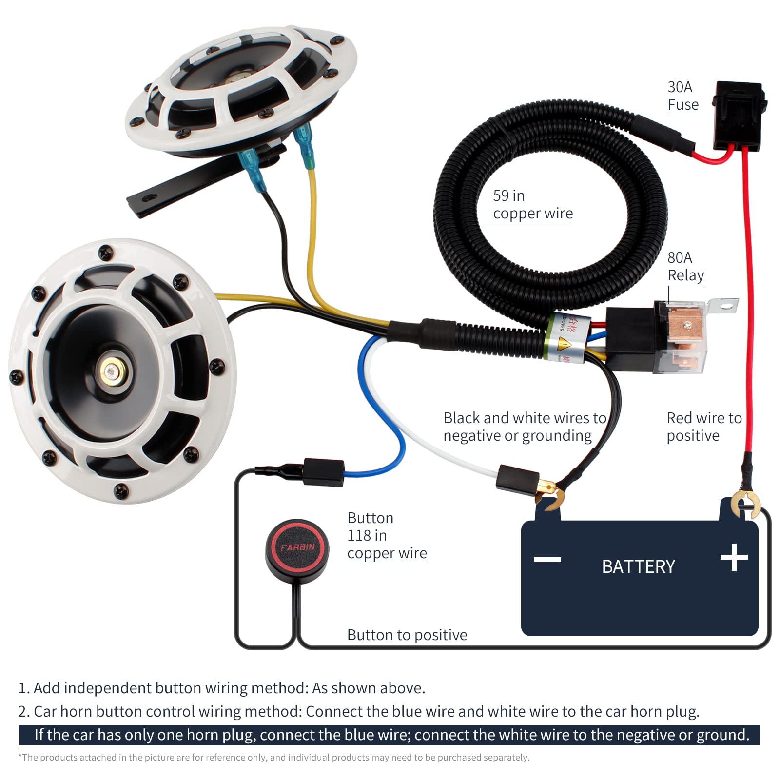 FARBIN 12V Waterproof Car Horn Kit - Super Loud High & Low Tone Metal Twin Horns with Protective Grill (Black) - Perfect for Trucks, SUVs, and Off-Road Vehicles