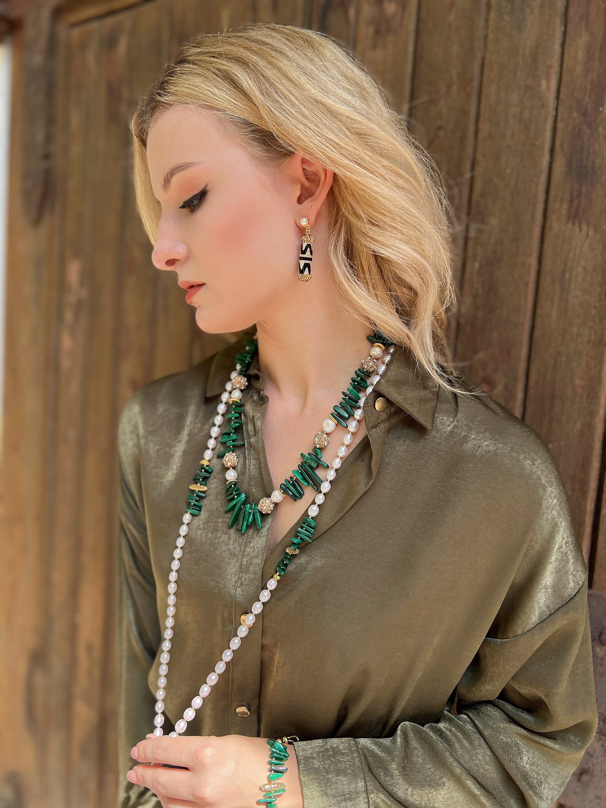 Stunning Malachite & Pearl Rhinestone Statement Necklace HN027 - Elegant Jewelry for Women, Perfect for Parties, Weddings & Special Occasions
