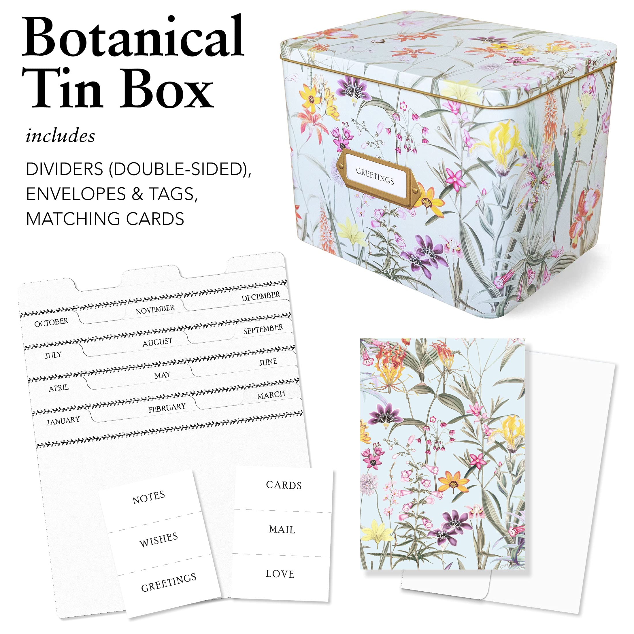 Greeting Card Organizer Box with Dividers - Holds Cards & Envelopes | Birthday, Thank You & Holiday Card Storage | Perfect for Home, Office & Craft Room Organization (Botanical Design)