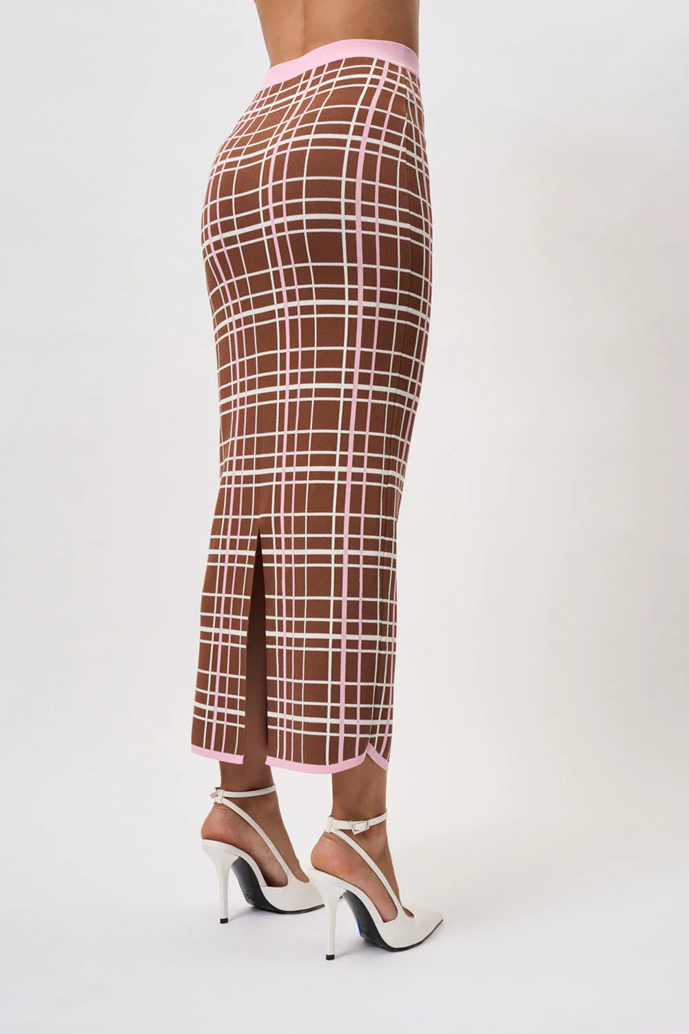 Carolina Check Knit Ankle Skirt - Brown & Pink Plaid Pattern for Women | Casual & Office Wear | Perfect for Fall & Winter Outfits