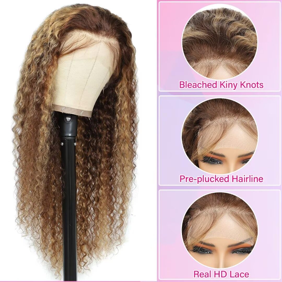 5x5 Water Wave Lace Front Human Hair Wig for Women - 180% Density HD Lace Closure Wig with Baby Hair, Pre-Plucked, Wet & Wavy Honey Blonde Curly 18 Inch - Perfect for Daily Wear, Parties, and Special Occasions