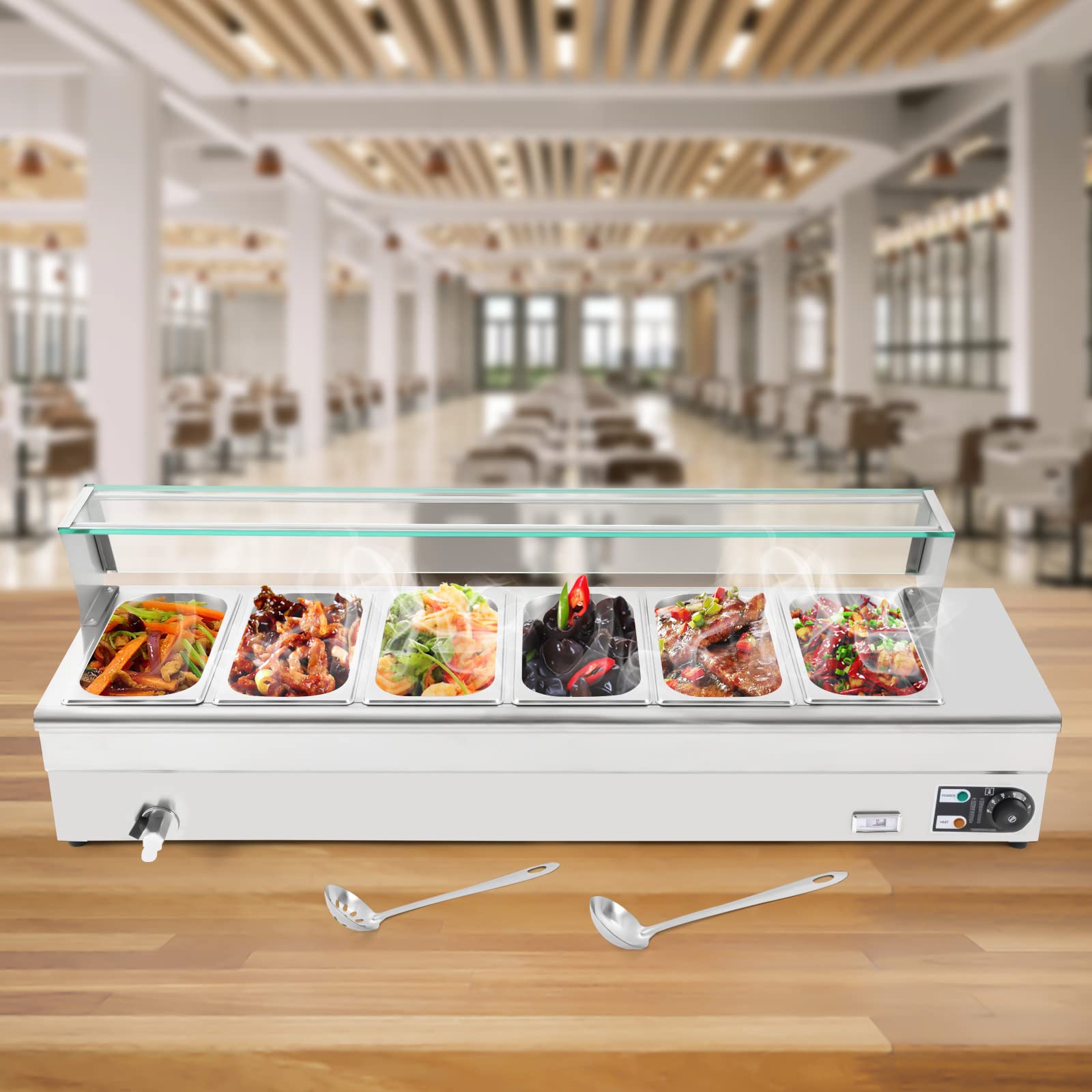 110V 6-Pan Commercial Food Warmer - 1200W Stainless Steel Electric Steam Table with Tempered Glass Shield | Professional Buffet Bain Marie for Catering, Restaurants & Banquet Halls | Ideal for Buffet Service, Food Display & Keeping Meals Warm