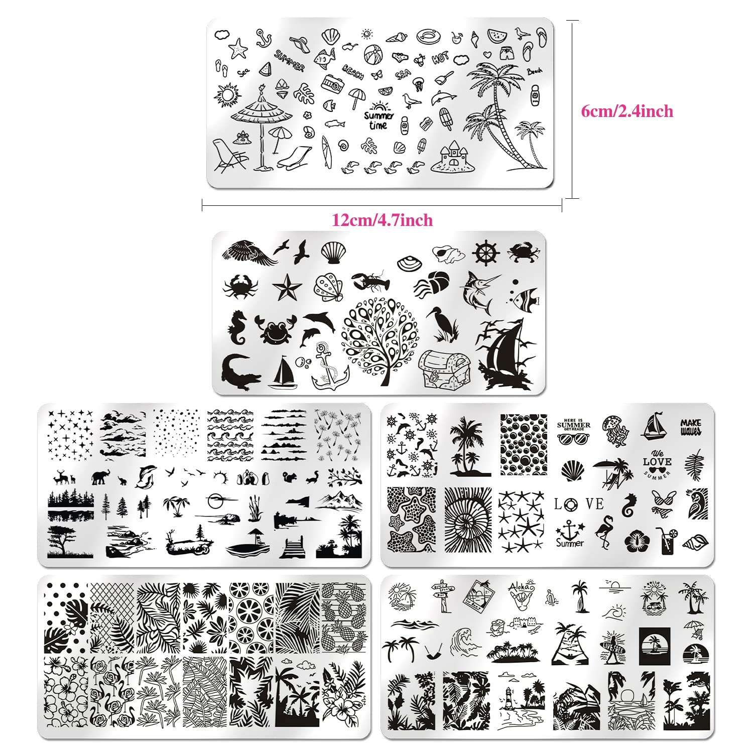 Beach Nail Stamping Kit - 6Pcs Summer Nail Art Plates for Vacation Designs | Palm Tree, Boat, Fish Patterns for Seaside Manicures