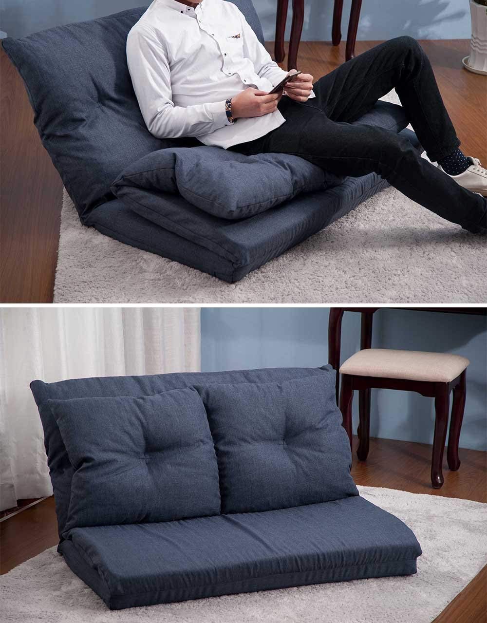 YSKWA Adjustable Fabric Folding Chaise Lounge Sofa Chair - 5 Reclining Positions, Foldable Floor Couch for Living Room, Bedroom, Patio - Navy Blue Love Seat for Relaxing, Reading & Sunbathing