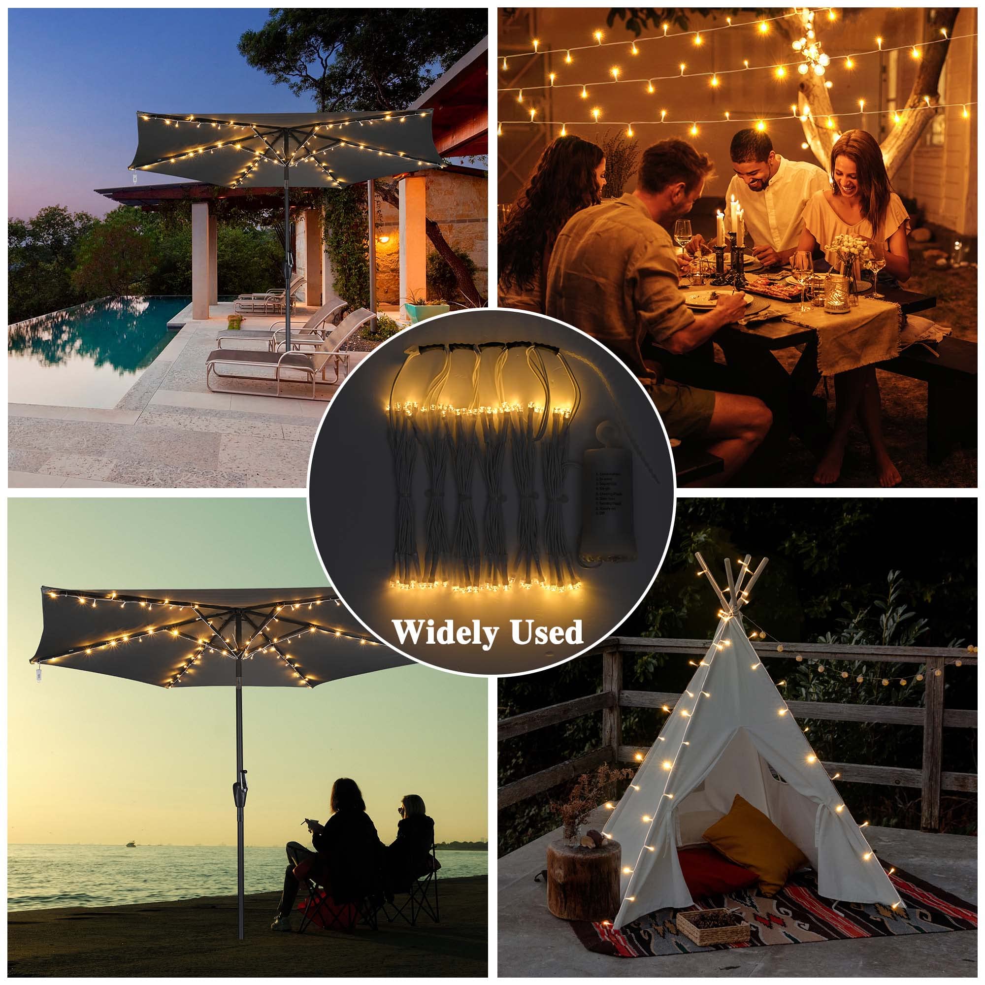 Yescom 96 LED Battery Operated String Lights - 8 Modes with Timer, Warm White, Fits 6-Rib 7/8/9ft Outdoor Umbrellas - Perfect for Patio, Garden, Market Stalls & Wedding Decorations