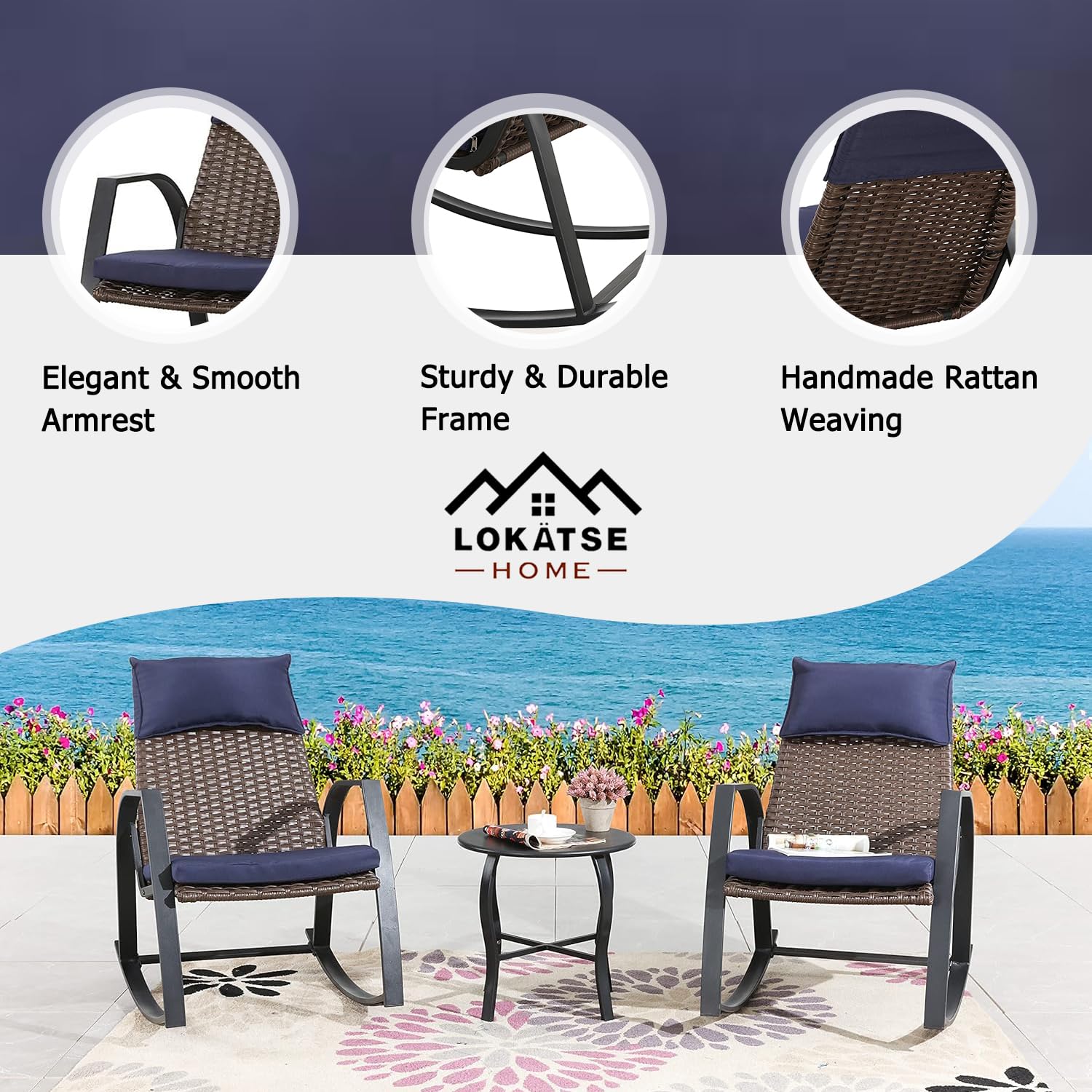 LOKATSE HOME 3-Piece Outdoor Bistro Set - Patio Wicker Furniture with Cushioned Rattan Rocking Chairs & Coffee Table in Blue - Perfect for Garden, Balcony, and Backyard Relaxation