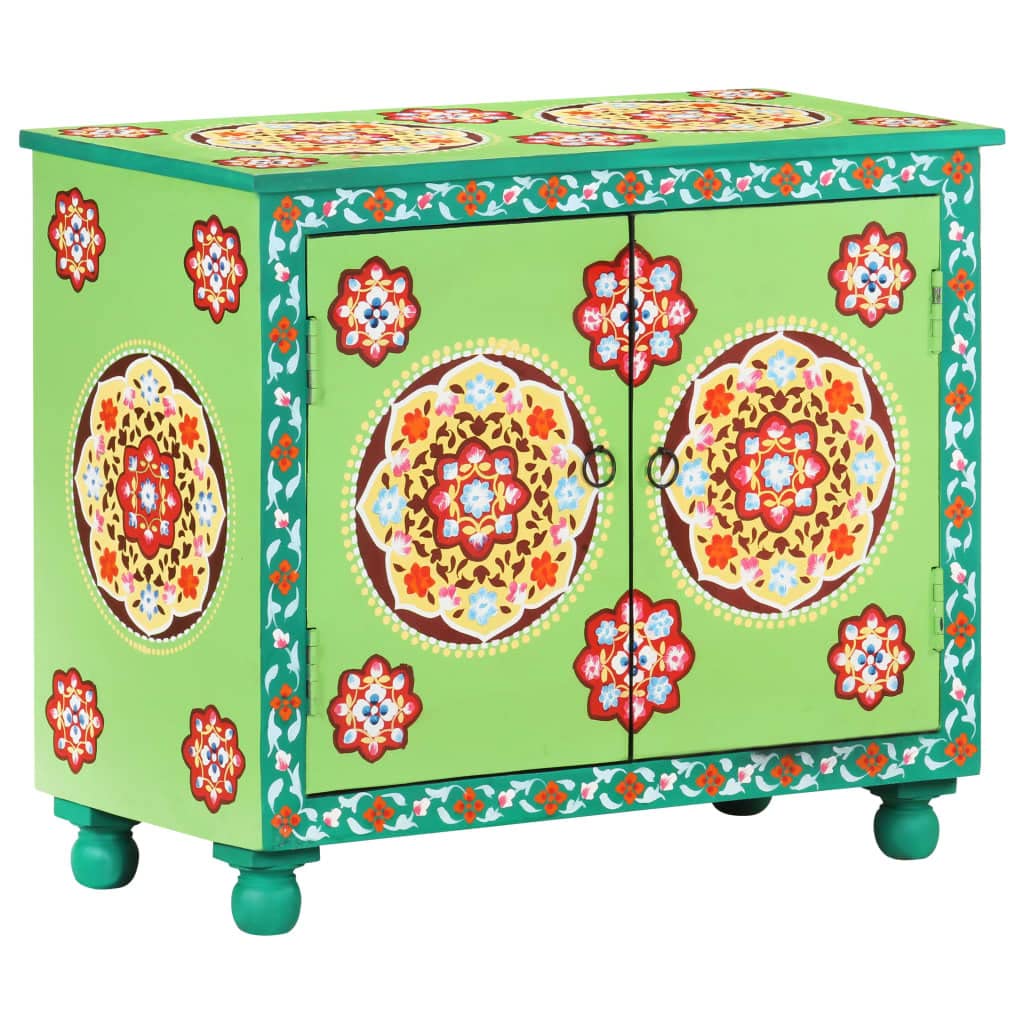 vidaXL Solid Mango Wood Hand Painted Sideboard - Green & Multicolor Buffet Cabinet for Dining Room, Living Room & Entryway Storage