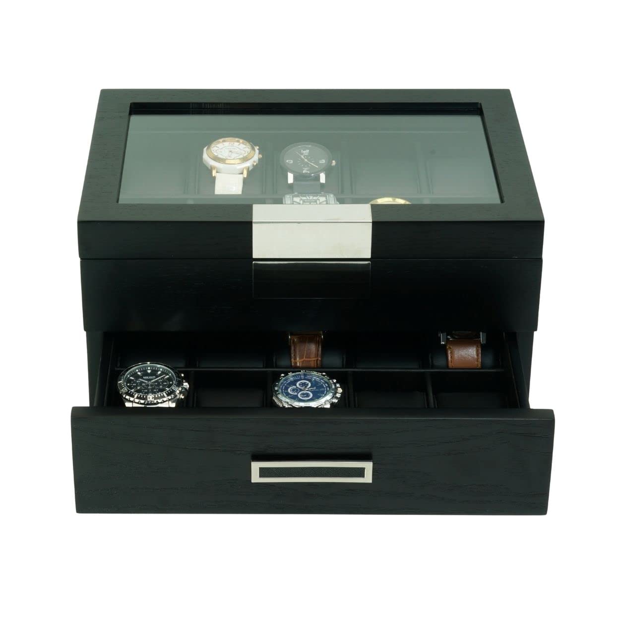 Premium 20-Slot Ebony Wood Watch Display Case with Glass Top - 2-Tier Jewelry Organizer with Stainless Steel Accents & 2 Drawers - Perfect for Watch Collectors, Jewelry Storage & Retail Store Displays