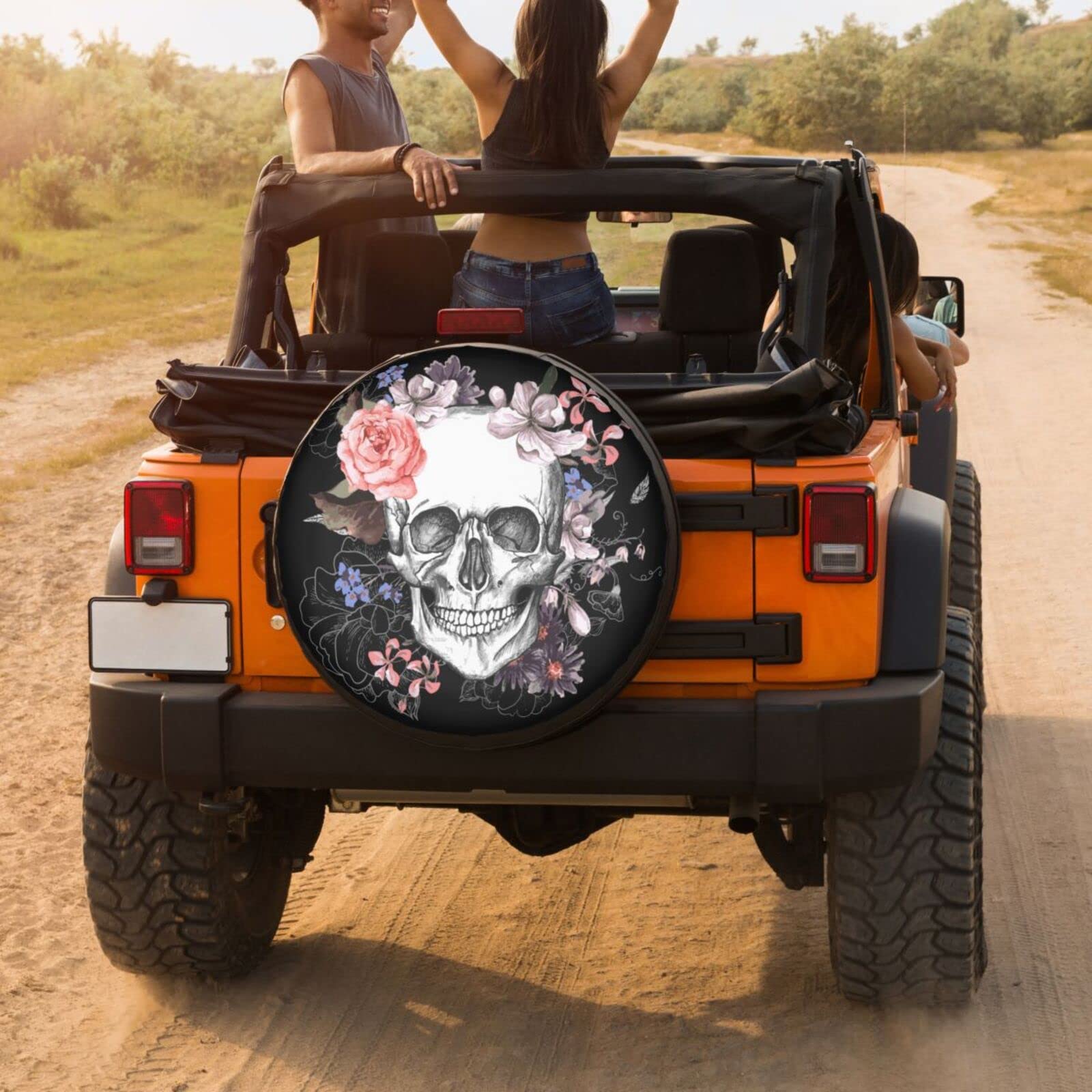 Colorful Sugar Skull Flower Spare Tire Cover - Waterproof Dust-Proof Wheel Cover for Trailer, RV, SUV, Truck (Fits 14-17 Inch Tires) - Perfect for Road Trips, Camping & Outdoor Adventures