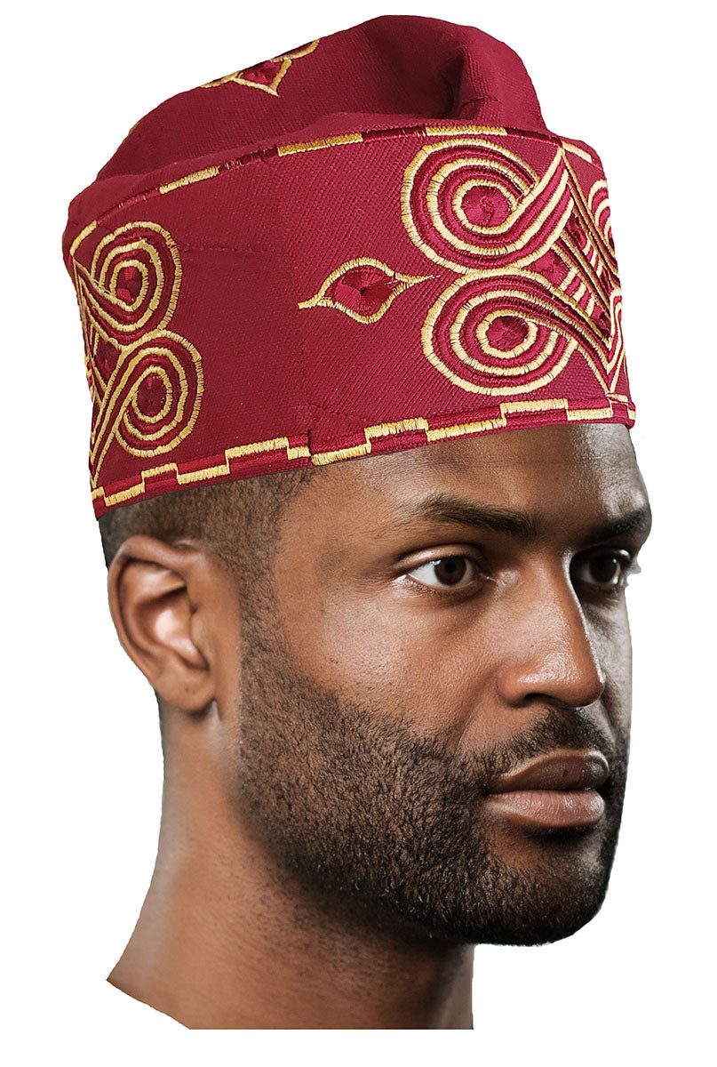 Stylish Burgundy Embroidered African Handwoven Aso Oke Hat for Women - Perfect for Weddings, Cultural Events & Fashion Accessories
