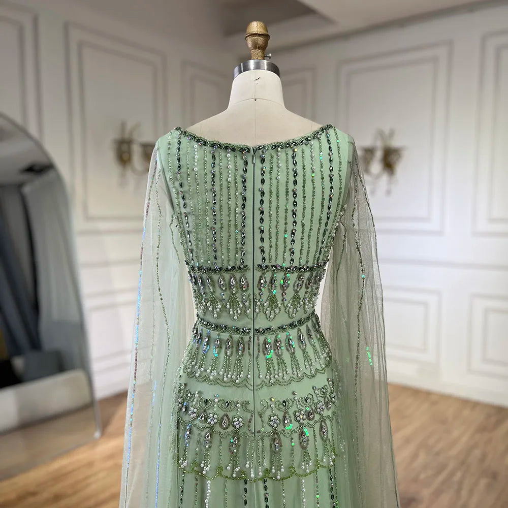 Elegant Dubai Arabic Sage Green Evening Gown with Cape Sleeves - LA72595 | Formal Gown for Weddings, Galas & Special Occasions
