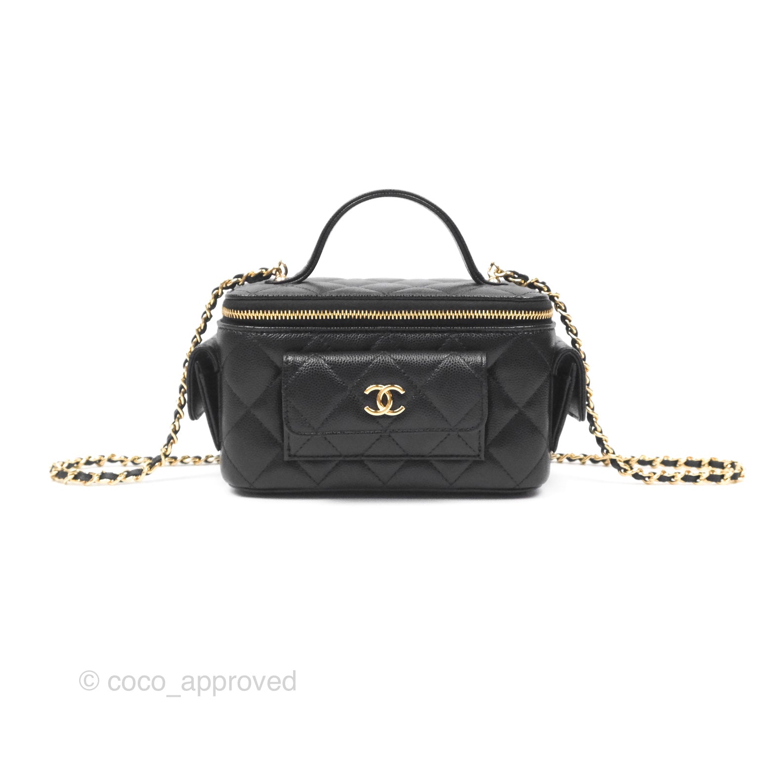 Chanel Black Caviar Gold Hardware Cargo Pocket Top Handle Vanity Bag with Chain - Perfect for Evening Events, Parties, and Luxury Fashion Accessories