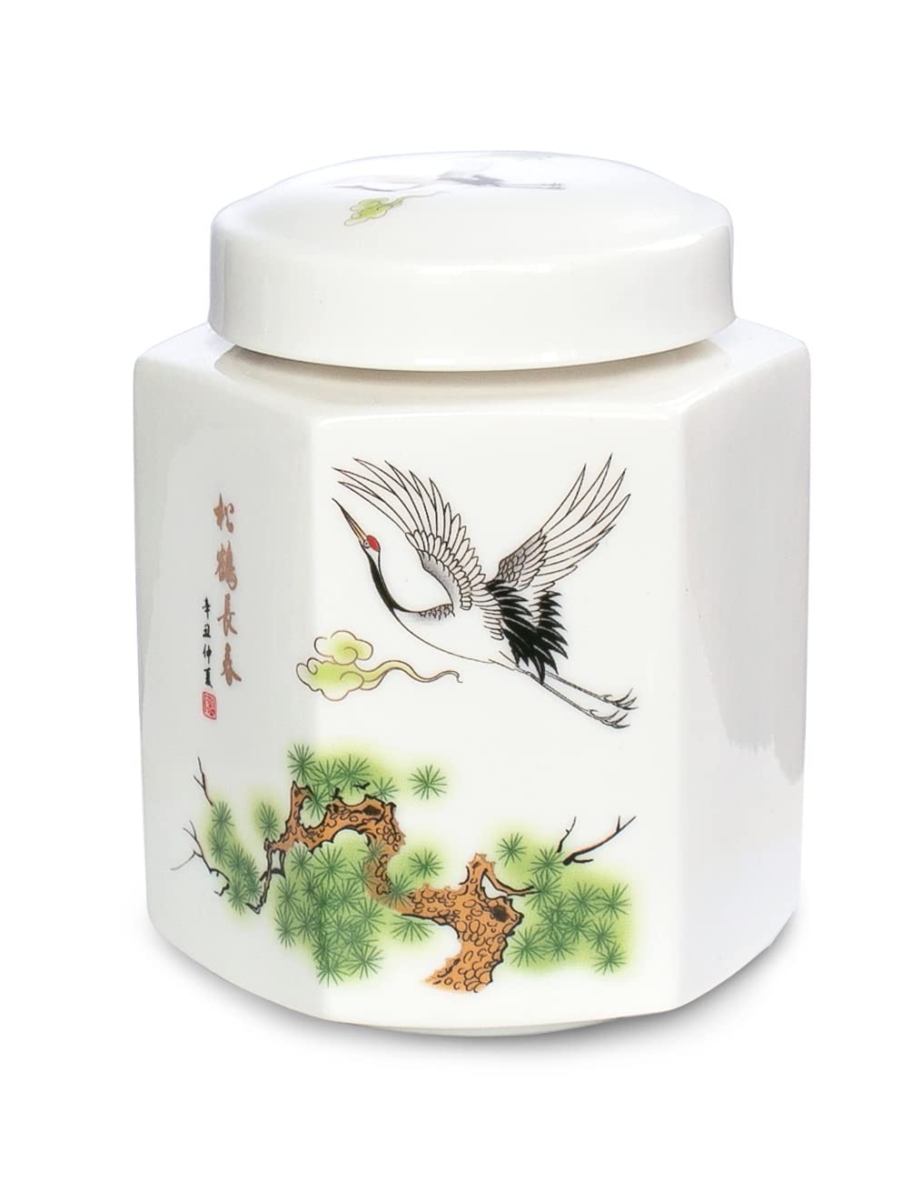 Premium Dahlia White Tea Canister - 460ml Airtight Porcelain Tea Storage with Screw-On Lid, Elegant Crane & Pine Design - Perfect for Loose Leaf Tea, Herbs & Spices - Ideal for Kitchen, Pantry & Tea Ceremony Gifts