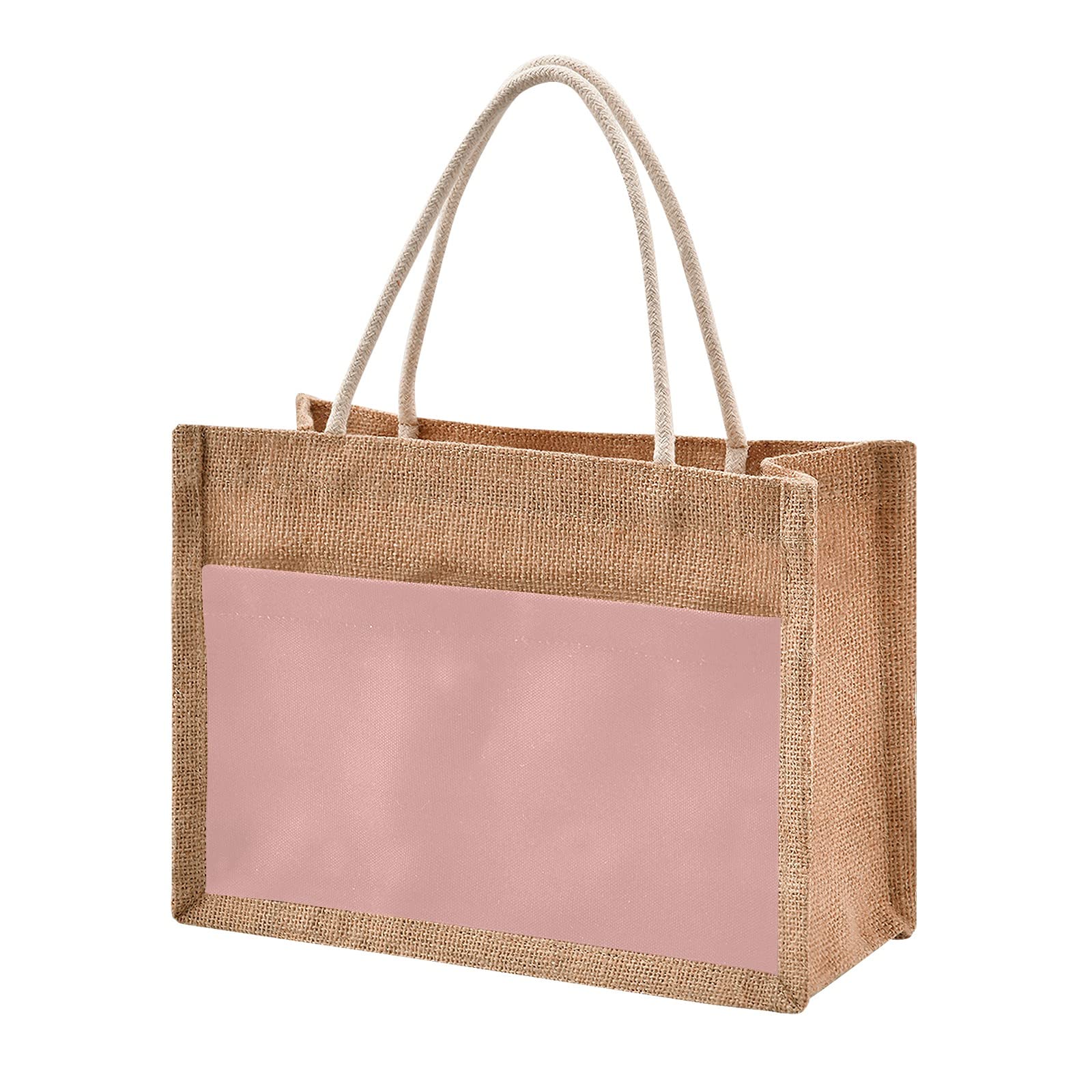 Linqin Pink Jute Tote Bag - Waterproof Burlap Straw Grocery Shopping Bag with Sturdy Handles - Eco-Friendly Reusable Bag for Beach, Travel, Market & Daily Use