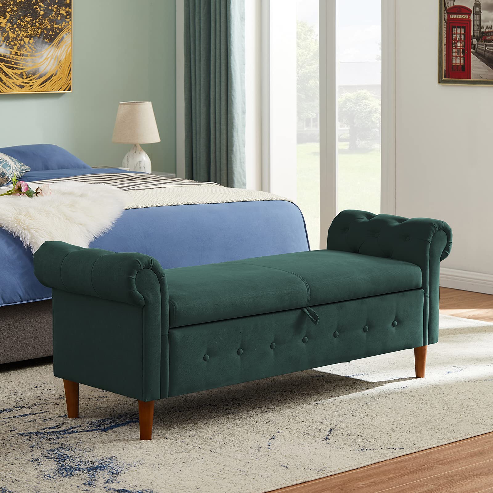 SLEERWAY Entryway Storage Bench - Small Ottoman Sofa Bench with Rolled Arms & Button-Tufted Design, Shoe Storage Bench for Living Room, Bedroom, Hallway - Perfect for Entryway Organization, Shoe Storage & Extra Seating