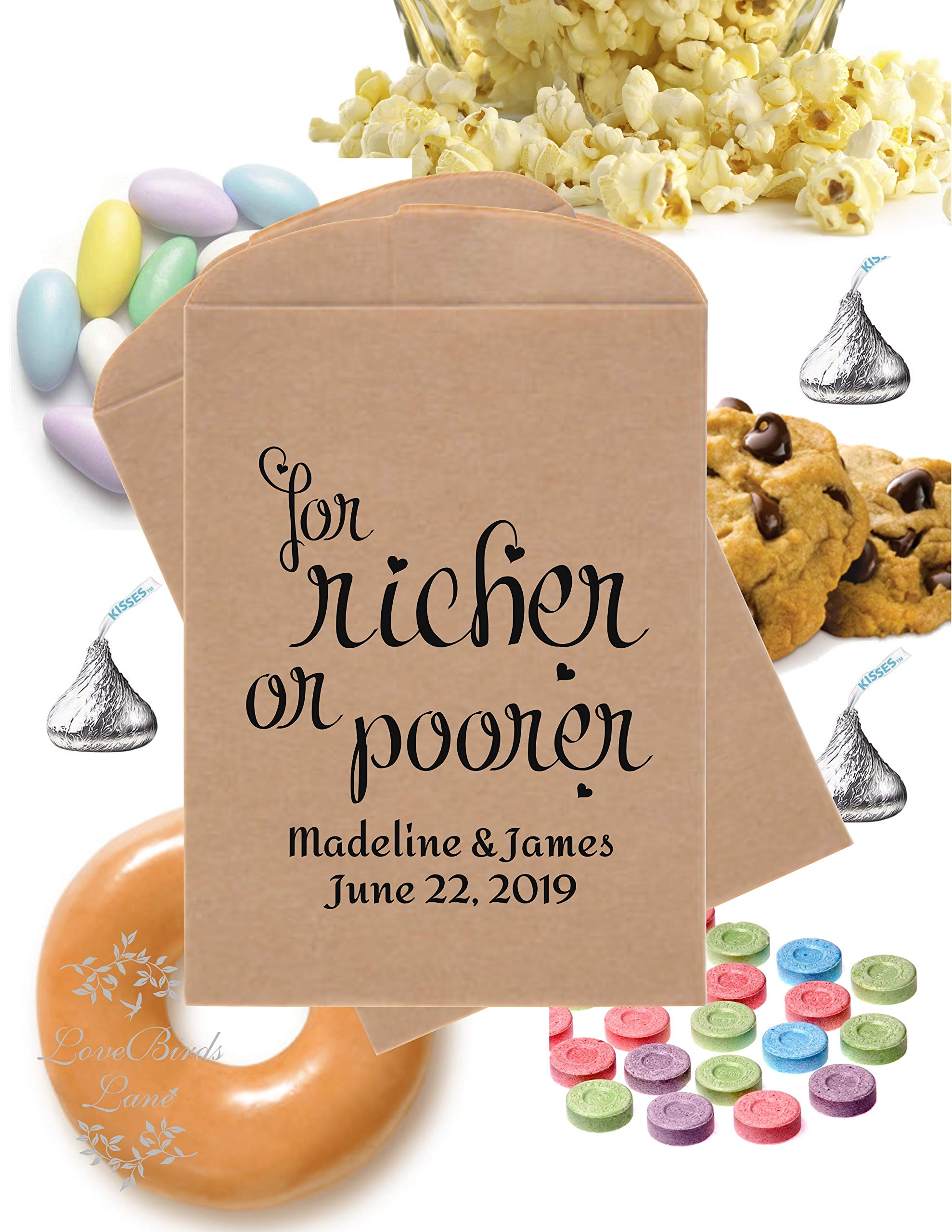 Wedding Favor Bags - Rustic 'For Richer or Poorer' Printed Paper Candy Bags (24 Pack) | Perfect for Bridal Showers, Cookie Buffets & Donut Displays