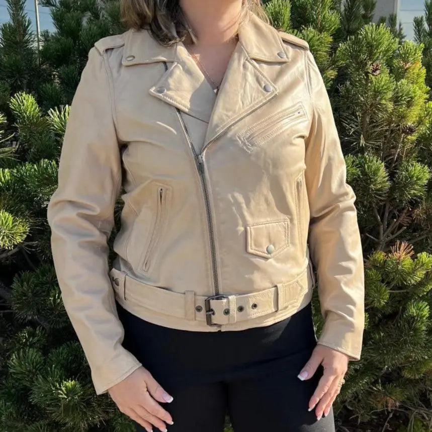 Women's Genuine Lamb Leather Biker Jacket with Adjustable Belt - Stylish Motorcycle Outerwear for Riding & Fashion