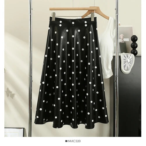 Elegant French Chic Women's Long Skirts - Dot Print A-Line High Waist Leather Skirt | Stylish Streetwear & Autumn Fashion | Perfect for Office, Dating & Casual Outfits