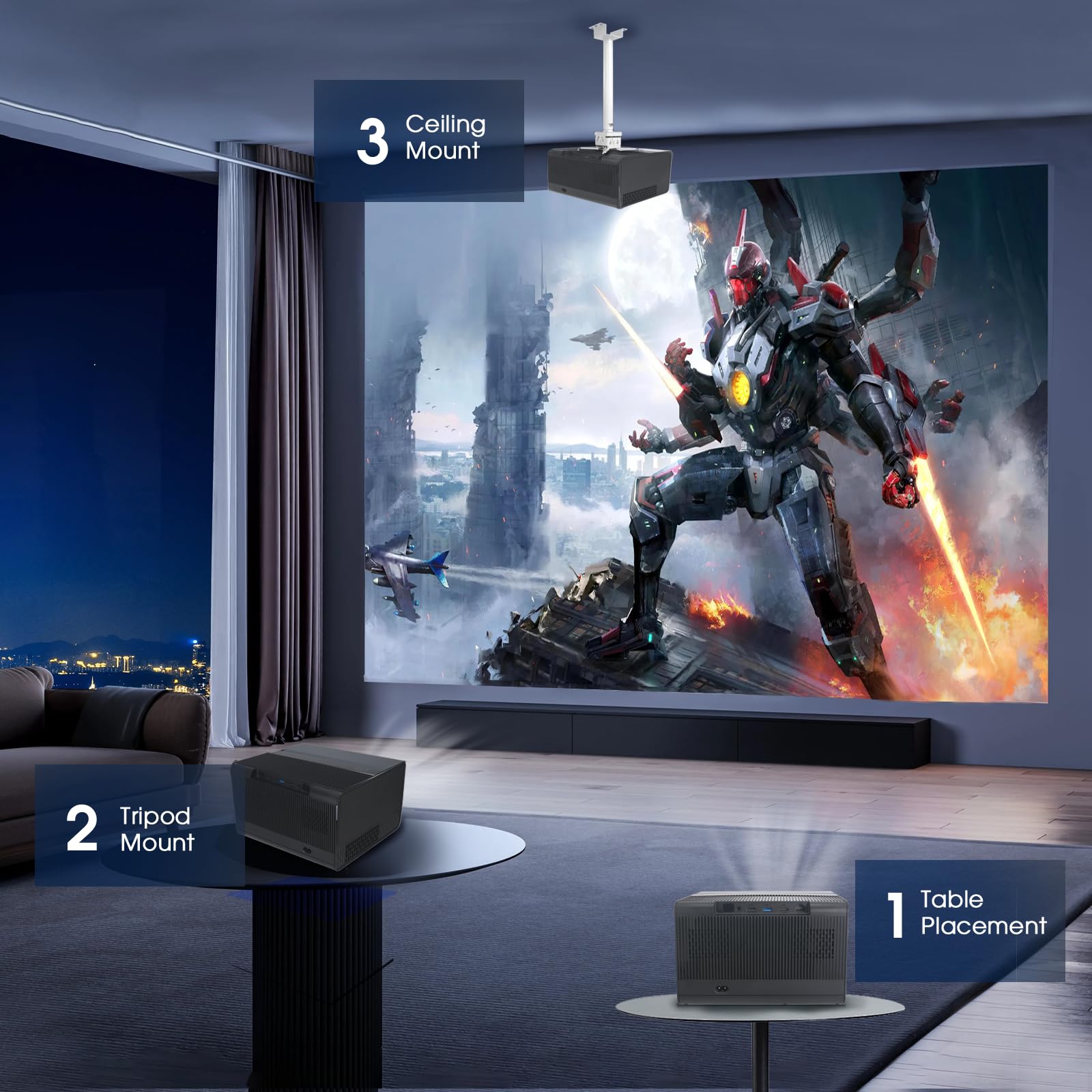 1080P 4K WiFi Bluetooth Projector with Auto Focus & Keystone Correction, Dual Built-in Speakers - Home Theater & Outdoor Movie Projector for iPhone Android Smartphone PC TV Stick Gaming Console | Perfect for Backyard Movie Nights & Home Entertainment