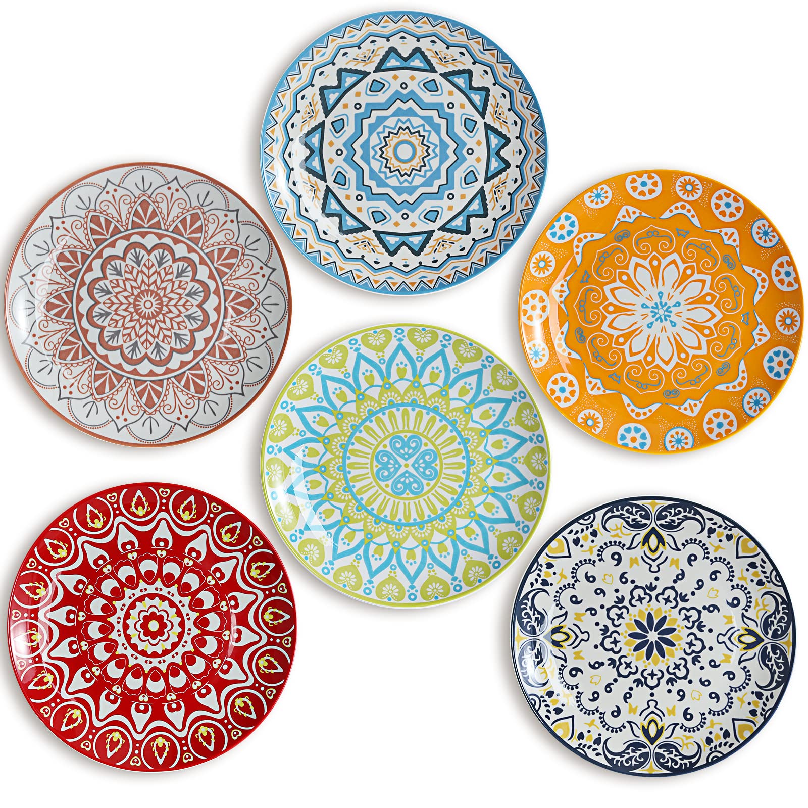 Happy Kit 8-inch Colorful Ceramic Plates - 6-Piece Set for Desserts, Salads & Entertaining, Microwave Safe