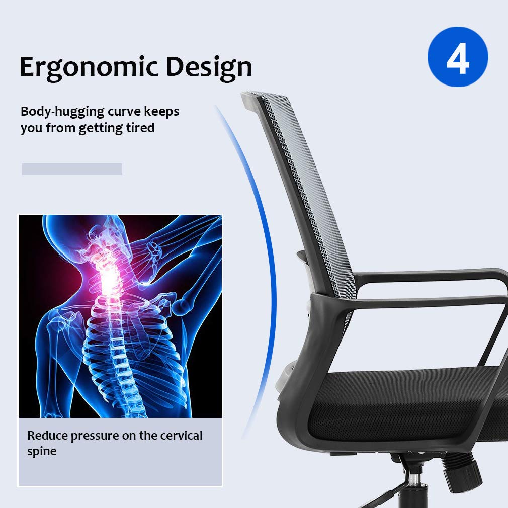 Ergonomic Mesh Office Chair with Lumbar Support - Adjustable Swivel Rolling Computer Desk Chair for Home & Office - Grey - Perfect for Long Hours of Work, Gaming, or Study
