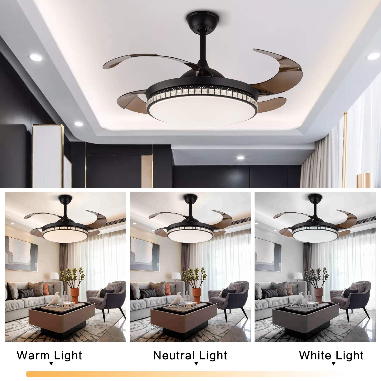 42 Inch Modern Crystal Ceiling Fan with Remote Control - 4 Retractable Blades, Quiet Motor & Timer Function - Energy Efficient Indoor Ceiling Light with Fan for Bedroom, Living Room, Kitchen (Black) | Perfect for Home Cooling & Stylish Lighting Decor