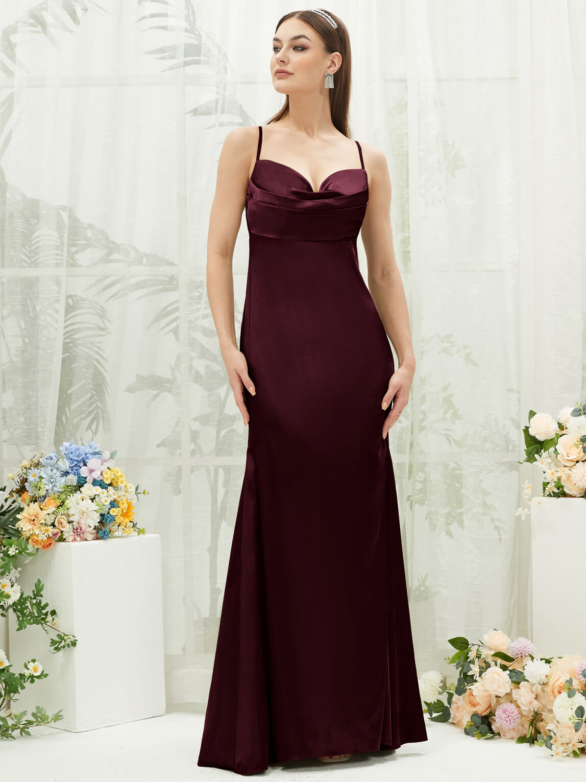 Elegant Cabernet Satin Cowl Neck Backless Long Bridesmaid Dress with Adjustable Straps - Perfect for Weddings, Formal Events & Evening Parties