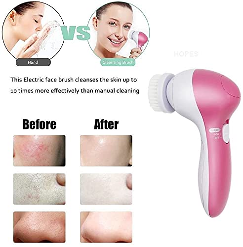 HOPES 5-in-1 Waterproof Facial Cleansing Brush Set with 5 Replaceable Brush Heads - Gentle Exfoliating, Blackhead Removal & Deep Pore Cleansing for Daily Skincare Routine at Home or Travel