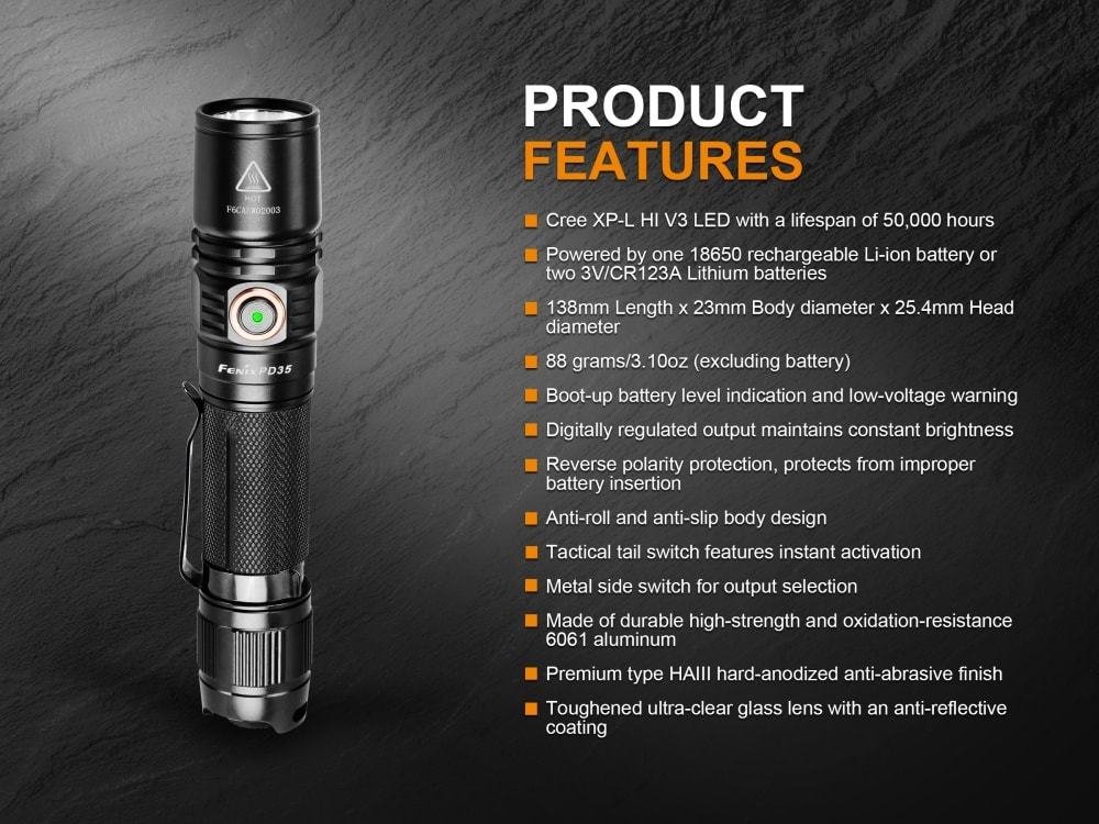 Fenix PD35 V2.0 1000 Lumen Tactical Flashlight with 2 Rechargeable Batteries, X2 Charger & CR123A Batteries - Perfect for Camping, Hiking, Emergency & Outdoor Adventures