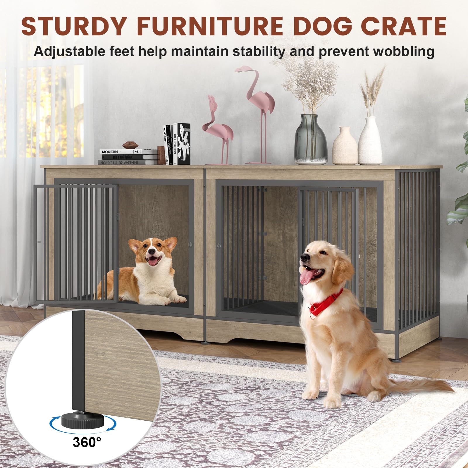 75 Inch Double Dog Crate Furniture for 2 Large Dogs with Removable Trays - 3-in-1 Grey Large Dog Kennel with Divider, TV Stand & Pet House - Perfect for Living Room, Bedroom or Home Office