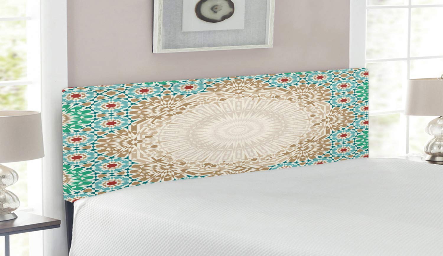 Ambesonne Moroccan Upholstered Headboard Queen Size - Ottoman Mosaic Art Pattern with Memory Foam, Boho Chic Oriental Floral & Antique Scroll Design, Multicolor Decorative Metal Bed Frame - Perfect for Bedroom Makeover & Boho Home Decor