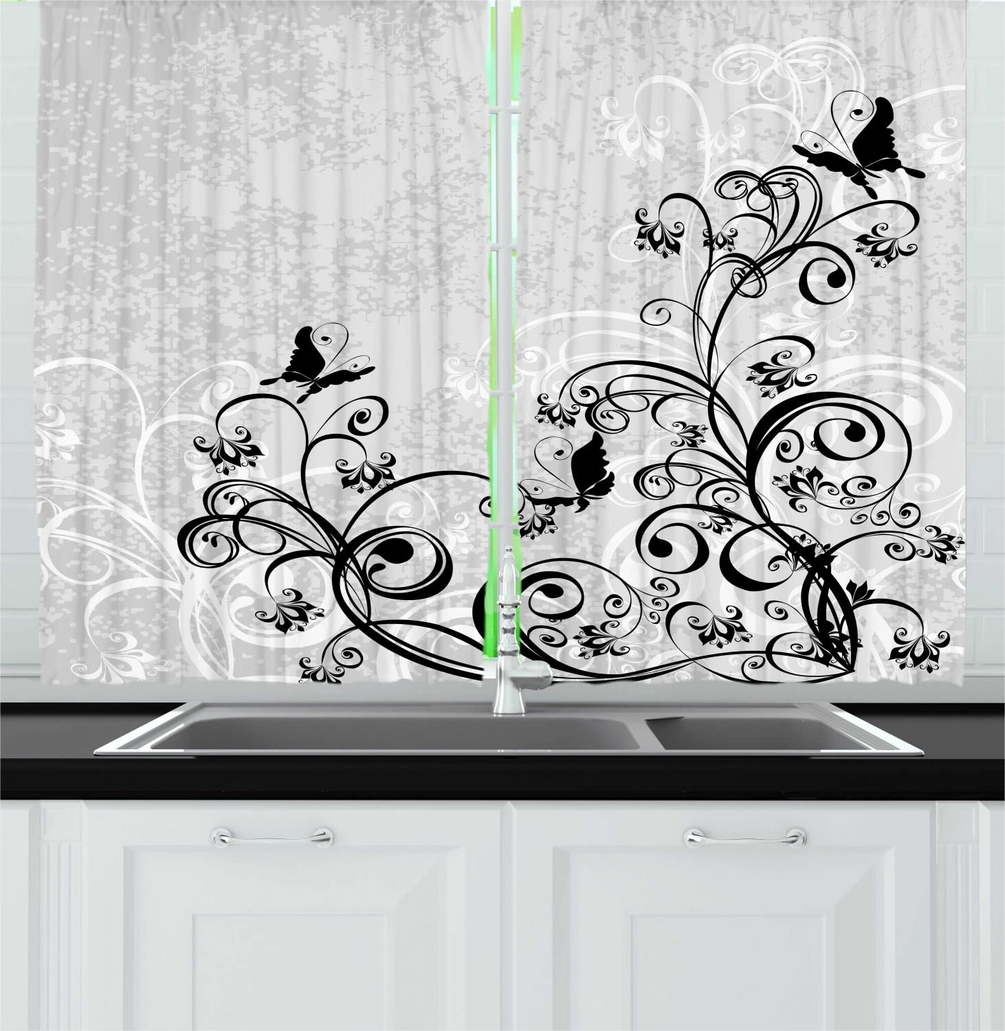 Ambesonne Black and Grey Long Kitchen Curtains - Grunge Butterfly & Floral Print Drapes with Rod Pocket, 55