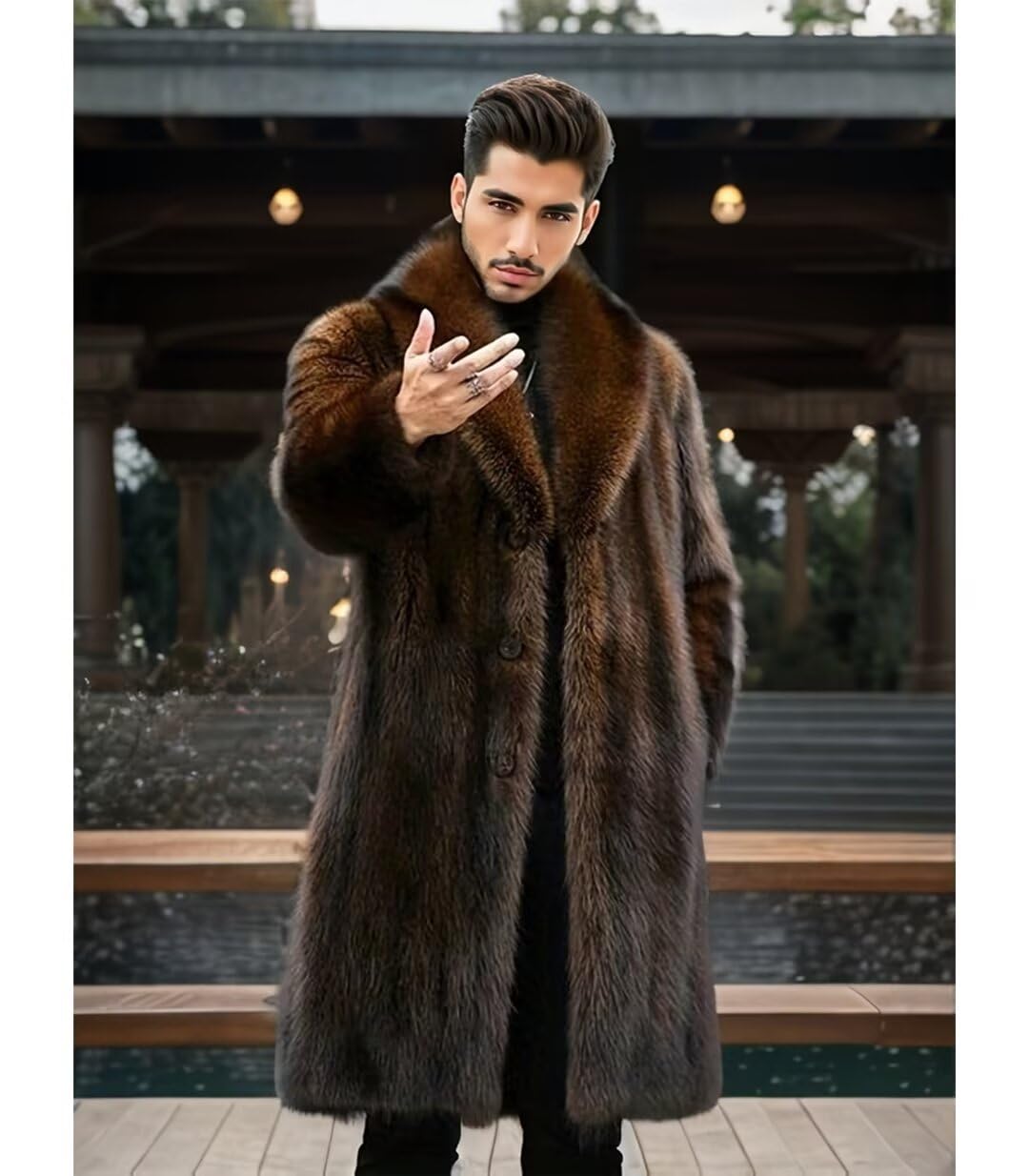 INVACHI Men's Faux Fur Coat Winter Long Faux Mink Coat - Fluffy Thick Trench Coat for Men - Warm Winter Jacket for Cold Weather, Outdoor Activities & Fashion Style