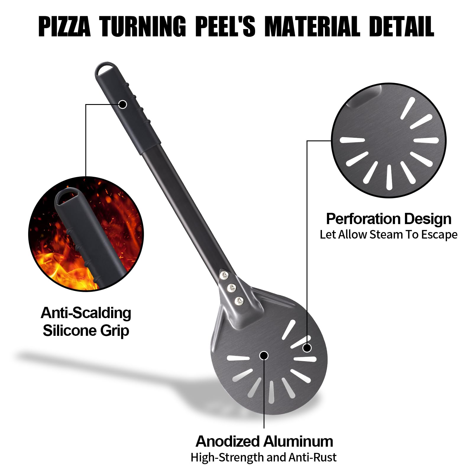 6 Inch Round Anodized Aluminum Perforated Pizza Peel Turner with Metal Handle - Professional Pizza Paddle Spinner for Outdoor Pizza Ovens - Perfect for Home Baking, Wood Fired Ovens & Restaurant Use