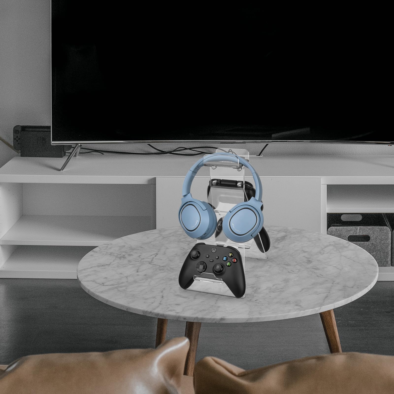 Acrylic Game Controller Stand with Headphone Holder - Universal Gaming Controller Rack Compatible with Xbox, PS4, PS5 & Nintendo Switch - Clear Desk Organizer for Gaming Accessories - Perfect for Gaming Setup, Streaming Station & Home Entertainment System