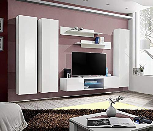 Modern White Wall-Mounted TV Stand with Storage Shelves & LED Lights - 33