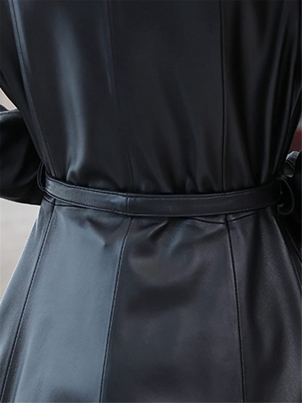 Women's Black PU Leather Trench Coat - Long Sleeve Belted Korean Style Fall Jacket for Office, Dating & Casual Outfits