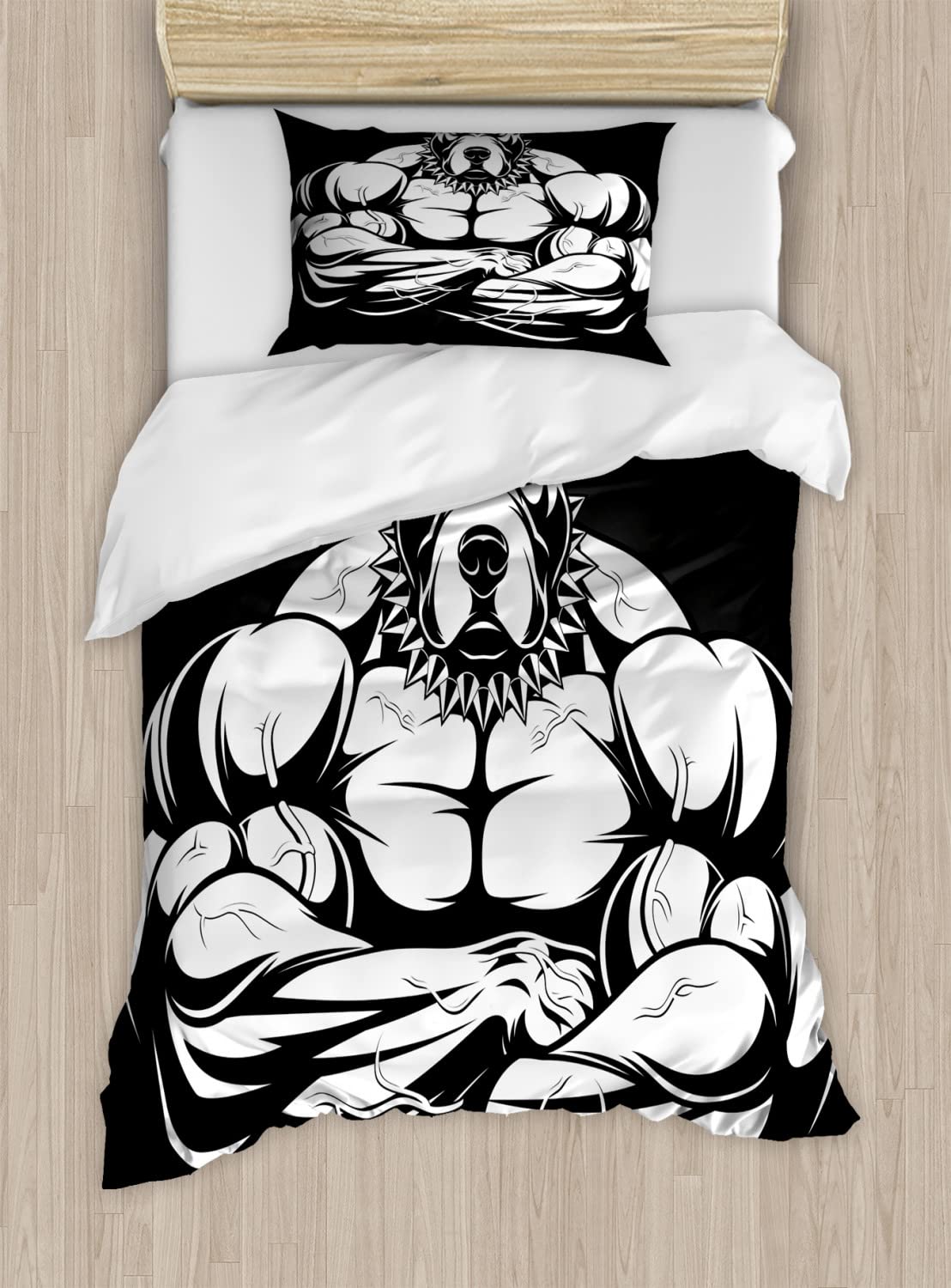 Ambesonne Pitbull Duvet Cover Set - Queen Size 2-Pack with 2 Duvet Covers & 4 Pillowcases, Strong Pitbull Bodybuilder Animal Character Design in White Charcoal Grey | Perfect for Dog Lovers' Bedroom Decor, Pet-Themed Home Accessories