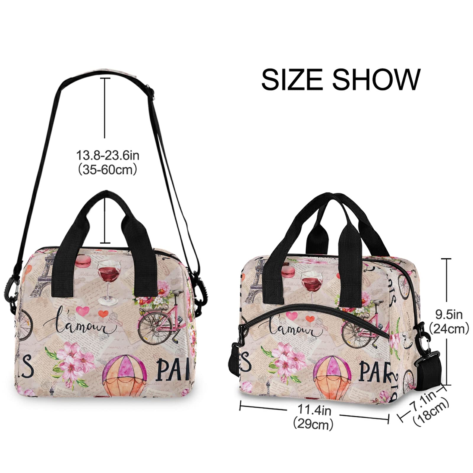 Insulated Lunch Bag Cooler Tote for Women - Large Eiffel Tower Pink Floral Design, Adjustable Shoulder Strap, Portable for Travel, School, Work, Biking & Outdoor Activities