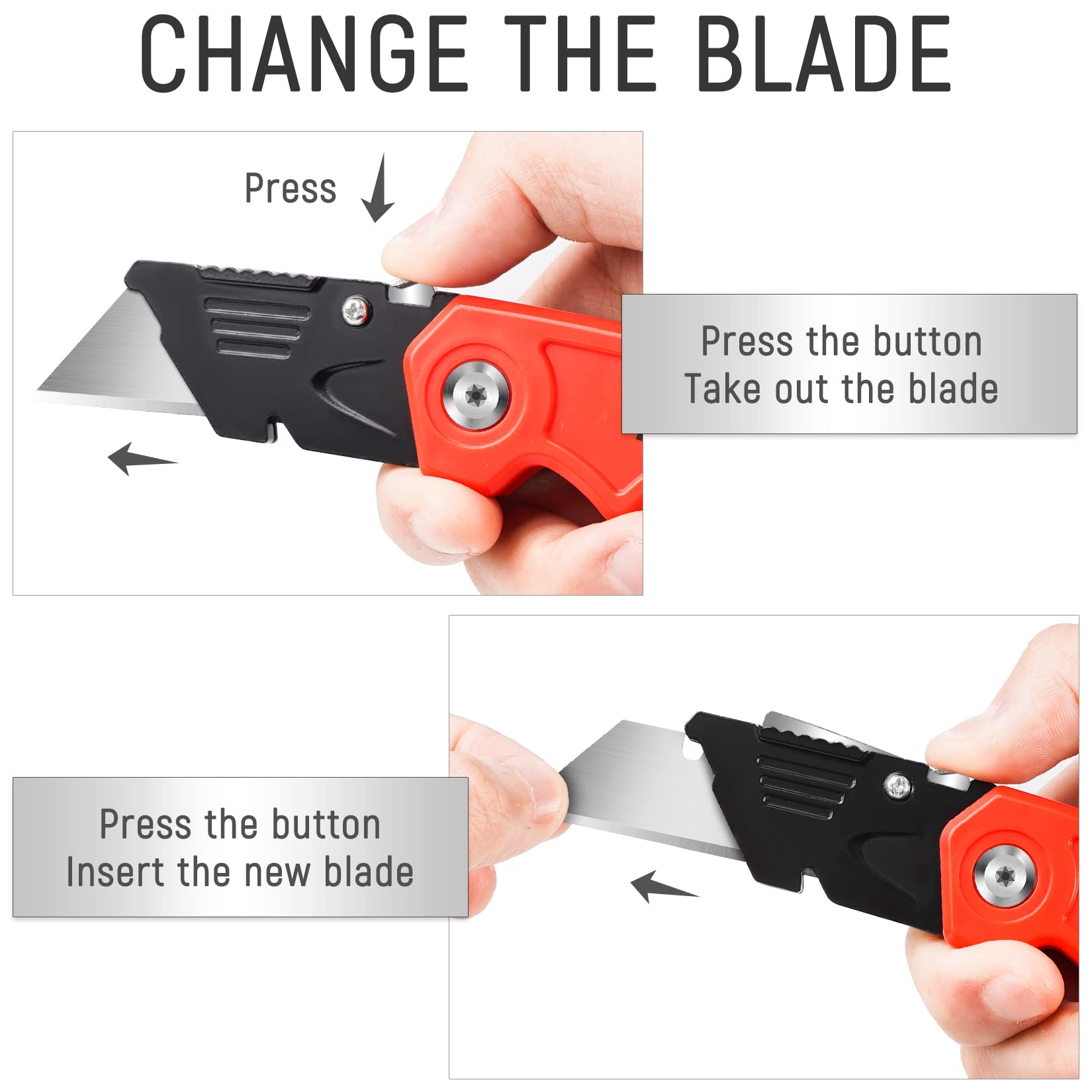 6-Pack Heavy Duty Folding Utility Knife with Quick-Change Blades - Box Cutter for Cardboard, Packages & Shipping - Includes 10 Extra Blades & Metal Clip - Secure Back-Lock Design for Warehouse, Office & Home Use