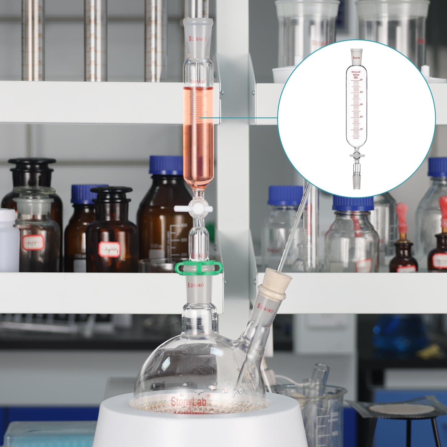 Stonylab 100ml Borosilicate Glass Pressure Equalizing Addition Funnel with PTFE Stopcock, 24/40 Joint Graduated Dropping Funnel for Chemistry Lab Experiments - Perfect for Precise Liquid Transfer in Distillation & Titration Processes