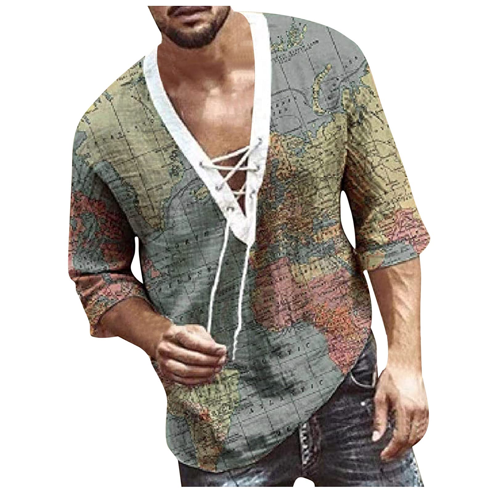 WOCACHI Men's Linen Cotton Henley Shirts - Lace-Up V Neck Bohemian Beach Tee, Soft Casual Half Sleeve Tops for Summer Outings & Music Festivals