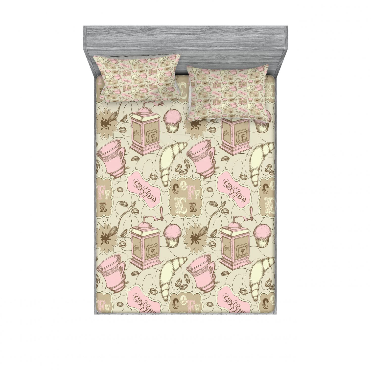 Ambesonne 2-Pack Queen Size Fitted Sheet Set with 4 Pillow Shams - Vintage Teapot & Cake Floral Pattern in Grey, Pale Pink & White - Soft Bedding Decor for Guest Room, Master Bedroom & Cozy Home Decor