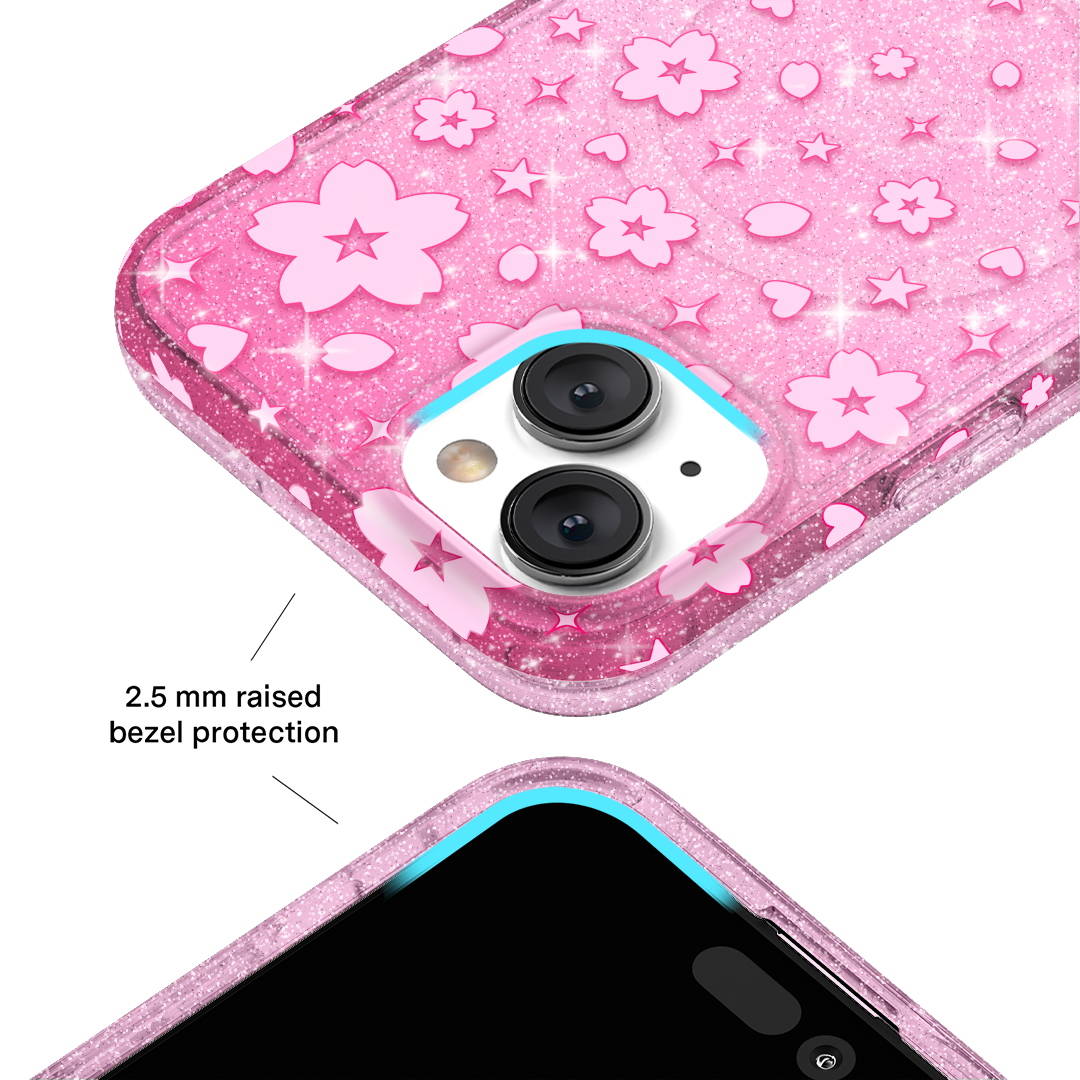 Pink Cherry Blossom Glitter iPhone Case - Cute Floral Design Shockproof Phone Cover for iPhone 14/13/12/11 Pro Max - Perfect for Spring Outfits & Gift Giving
