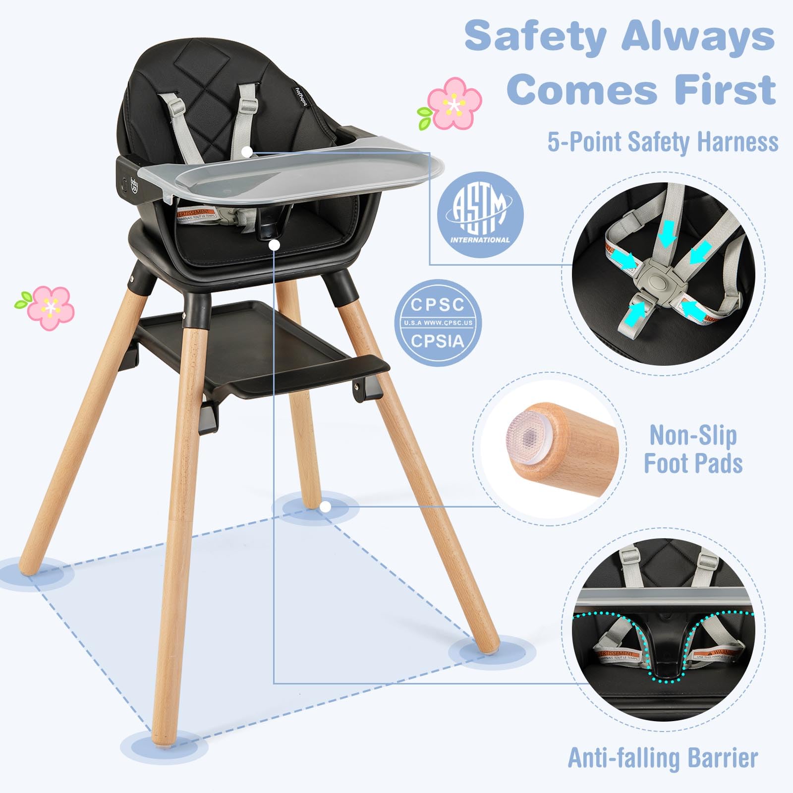 BABY JOY 6-in-1 Convertible Wooden High Chair for Babies & Toddlers - Adjustable Height, Removable Dual Trays, Safety Harness & Waterproof PU Cushion - Perfect for Dining, Feeding & Playtime (Black)