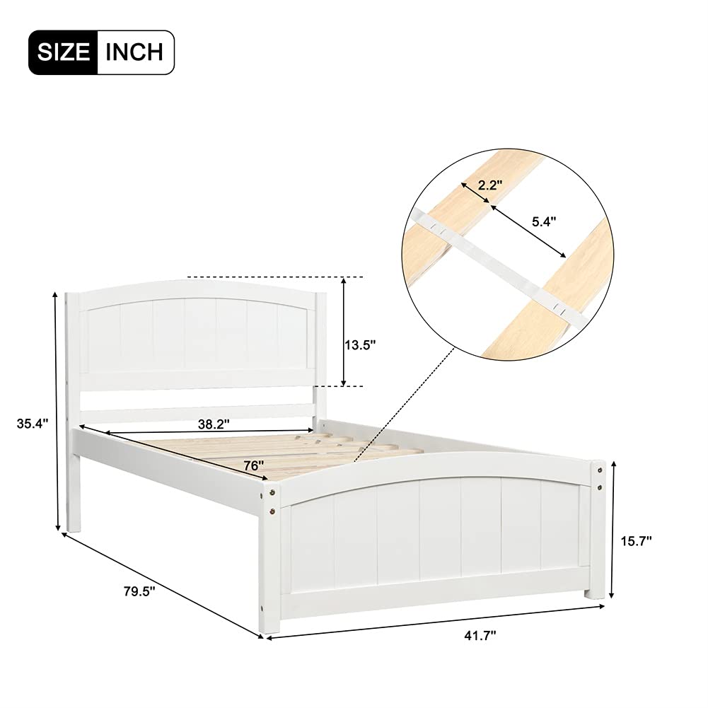 Twin Size Wood Platform Bed Frame with Headboard & Footboard - Sturdy Wood Slat Support, White - Perfect for Kids' Rooms, Guest Bedrooms & Small Spaces