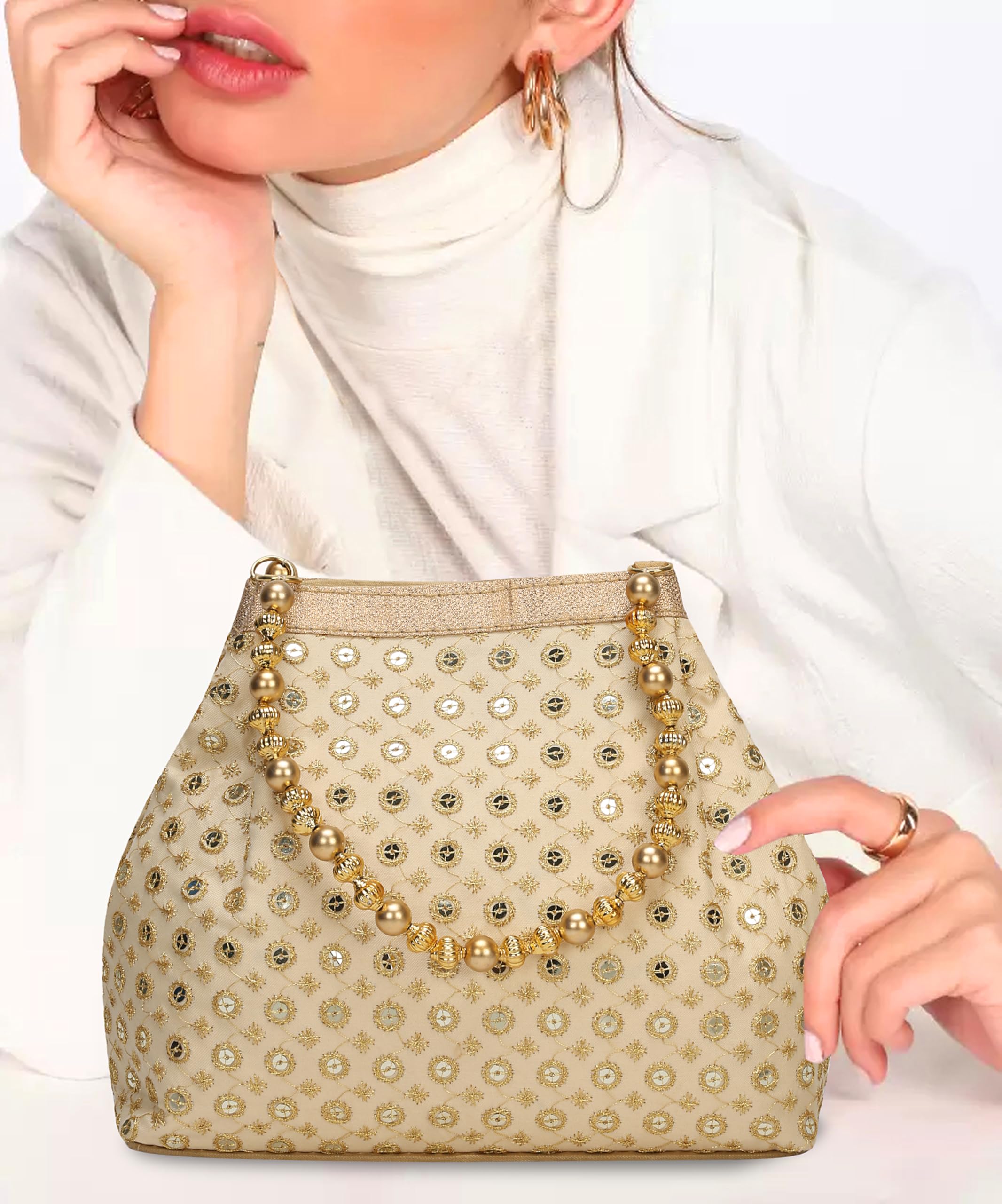 Embroidered Indian Potli Bags for Women - Gold Pearl Handle Evening Clutch Purse for Wedding, Party & Special Occasions | Elegant Traditional Handbag for Bridal, Festive & Cultural Events