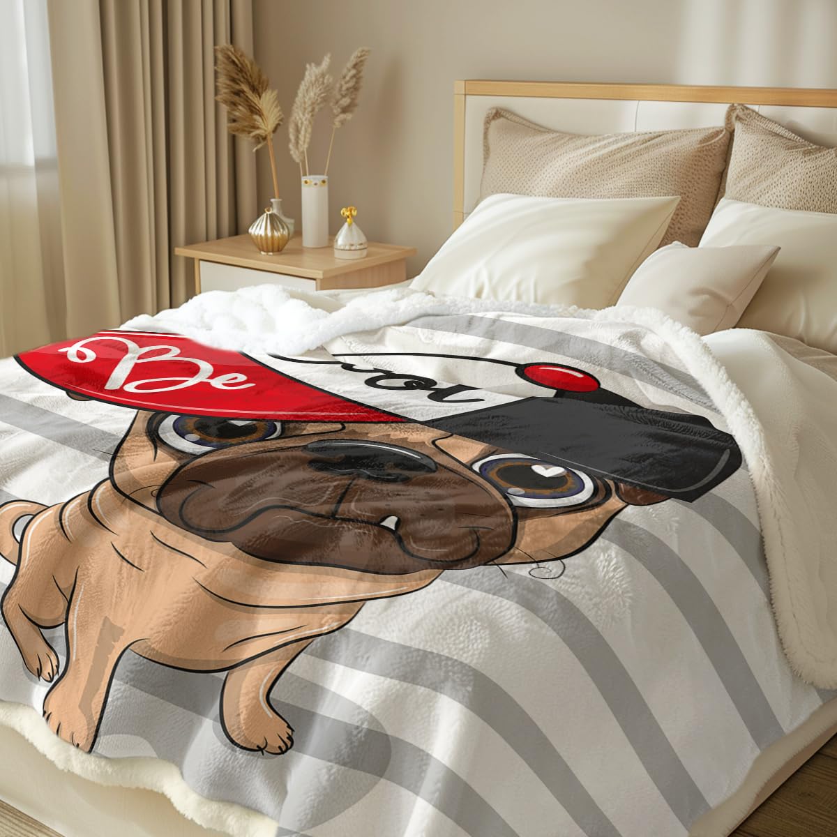Sleepwish Reversible Pug Fleece Blanket - Gray Striped Sherpa Dog Blanket with Cap | Ultra Soft Cute Animal Throw for Couch, Bed & Chair | Twin Size 60x80 Inches | Perfect for Home Decor, Gift Giving & Cozy Winter Nights