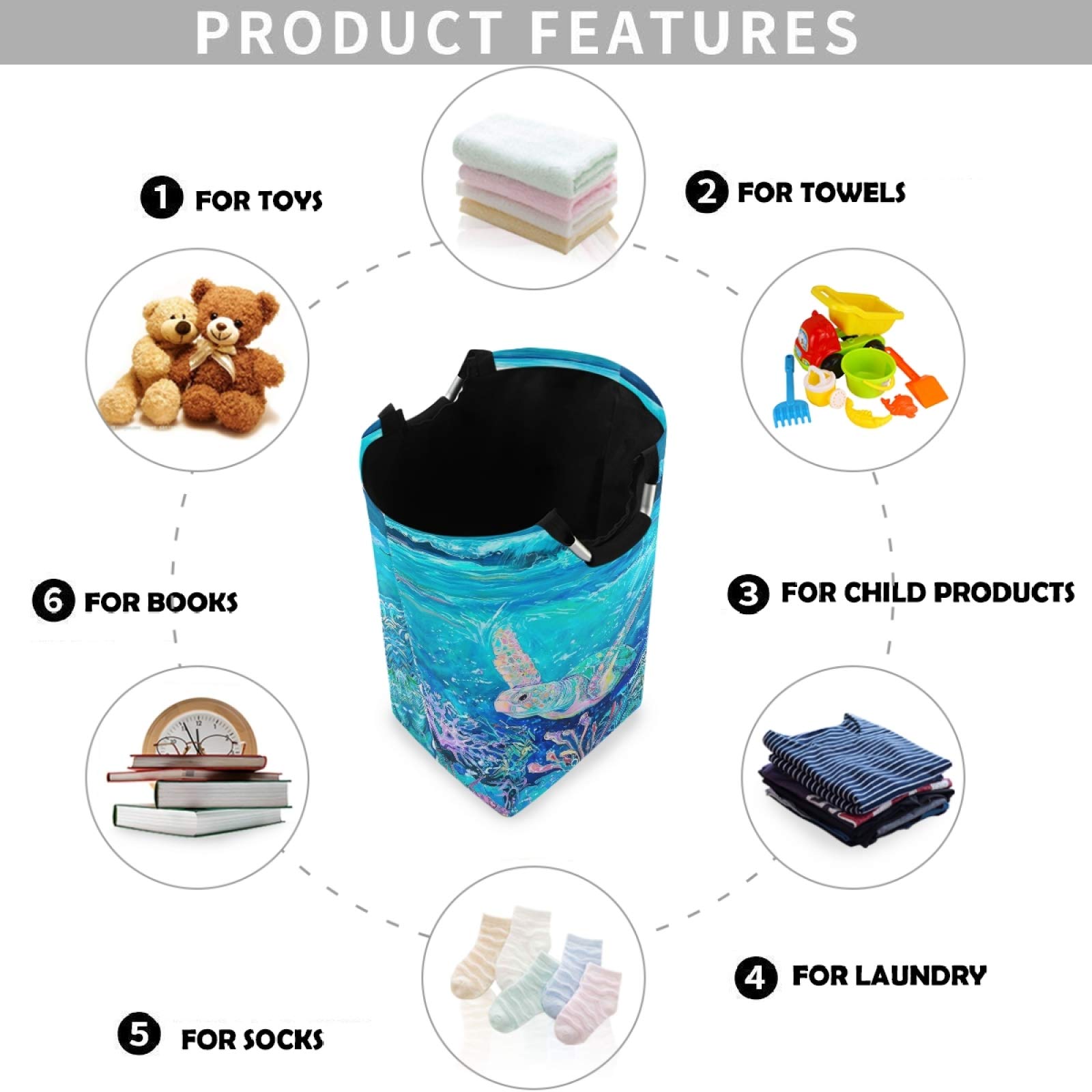 Visesunny Large Water-Resistant Oxford Cloth Laundry Hamper Basket - Ocean Sea Turtle Design for Bedroom, Bathroom, Dorm & Kids Room | Perfect for Clothes Storage, Toy Organization & Home Decor